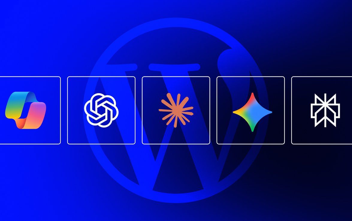 Le logo WordPress en filigrane sur un fond bleu, devant une rangée de logos d'assistants d'intelligence artificielle